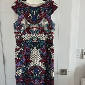 David Meister Multicolor Paisley Midi Dress in White, Red, Blue, Purple